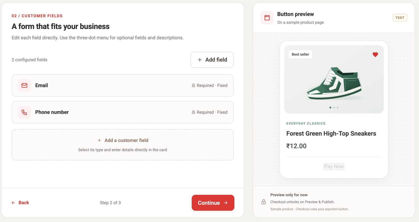 FiatPe Payment Button customer fields screen with email, phone number, and add field control