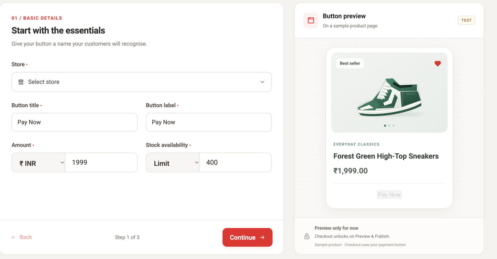 FiatPe Payment Button creator showing store, title, label, amount, stock, and product preview