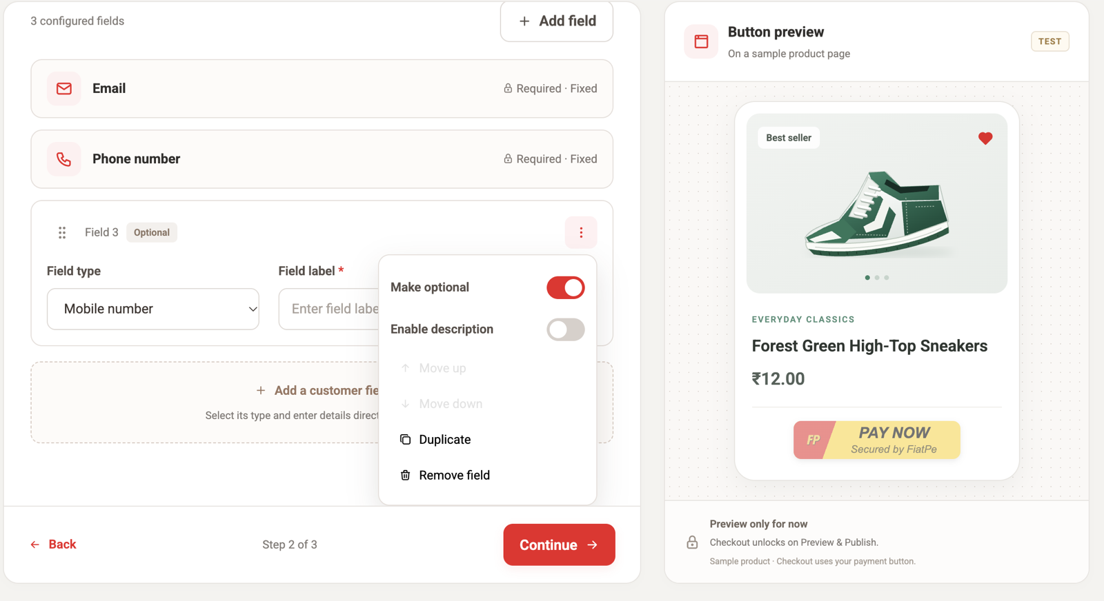 FiatPe custom field options for optional state, description, ordering, duplication, and removal