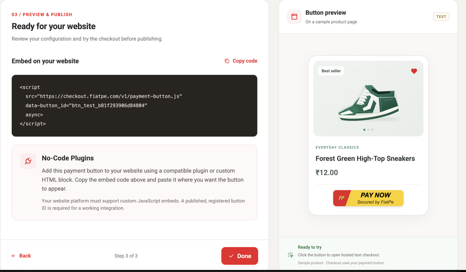 FiatPe Payment Button publish screen showing generated JavaScript embed code and final product preview