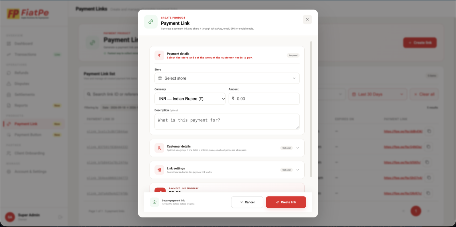 Complete FiatPe Payment Link creation modal with summary and Create link button