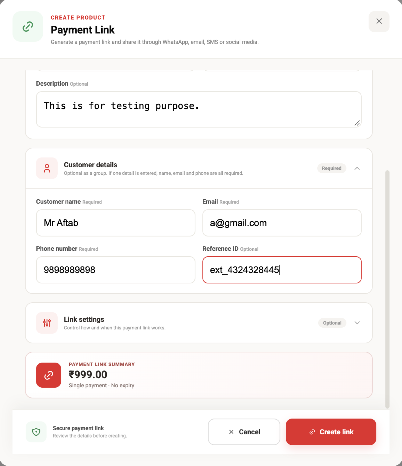 FiatPe Payment Link customer fields for name, email, phone number, and reference ID