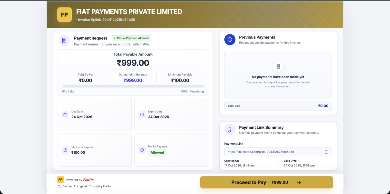 FiatPe hosted Payment Link page showing payable amount, outstanding balance, partial payment, expiry, and Proceed to Pay button