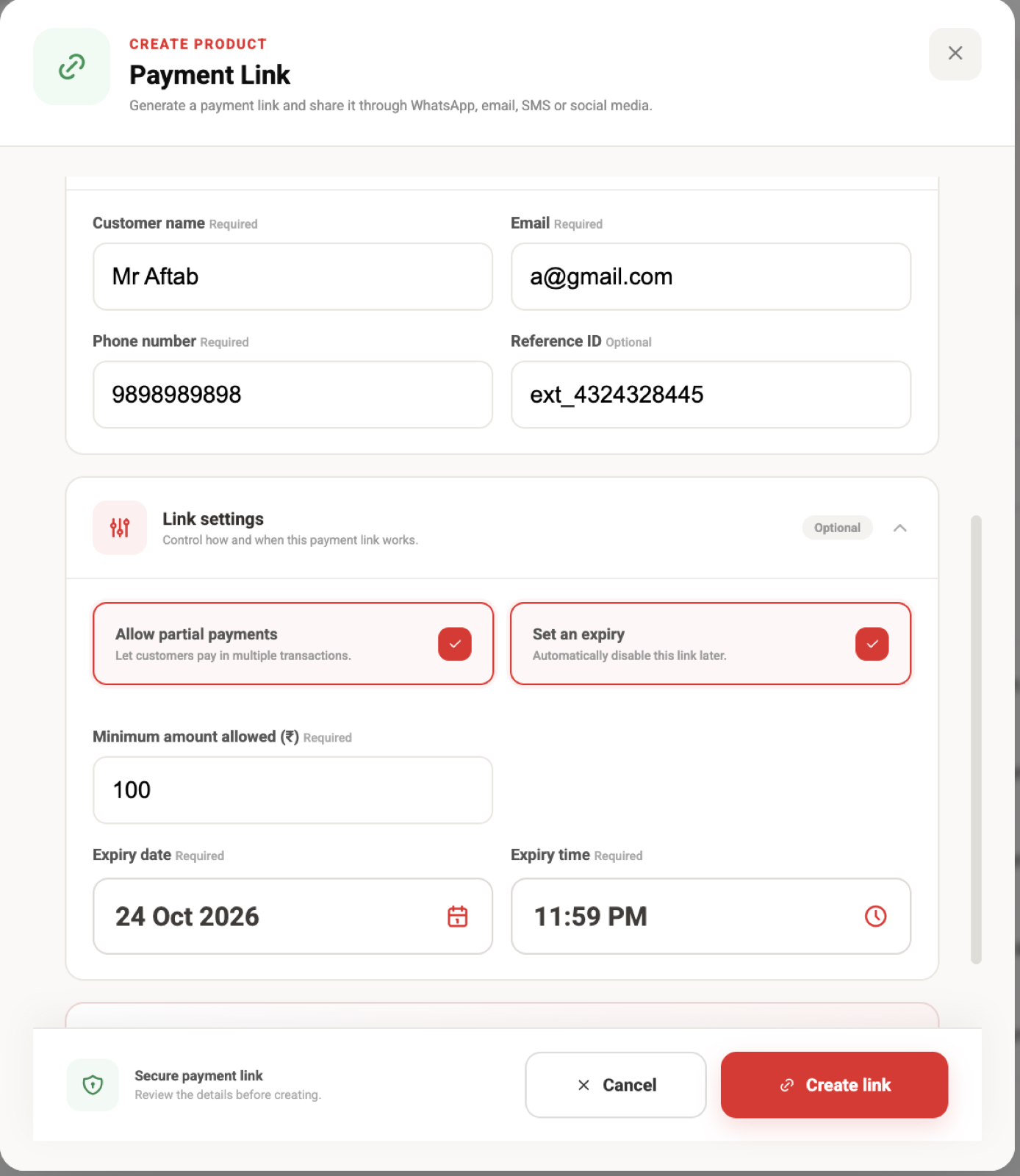 FiatPe Payment Link settings with partial payments, minimum amount, expiry date, and expiry time