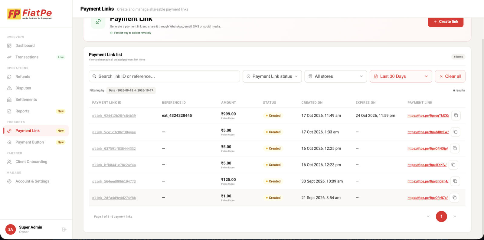 FiatPe Payment Link list with search, status, store, date filters, and copy controls