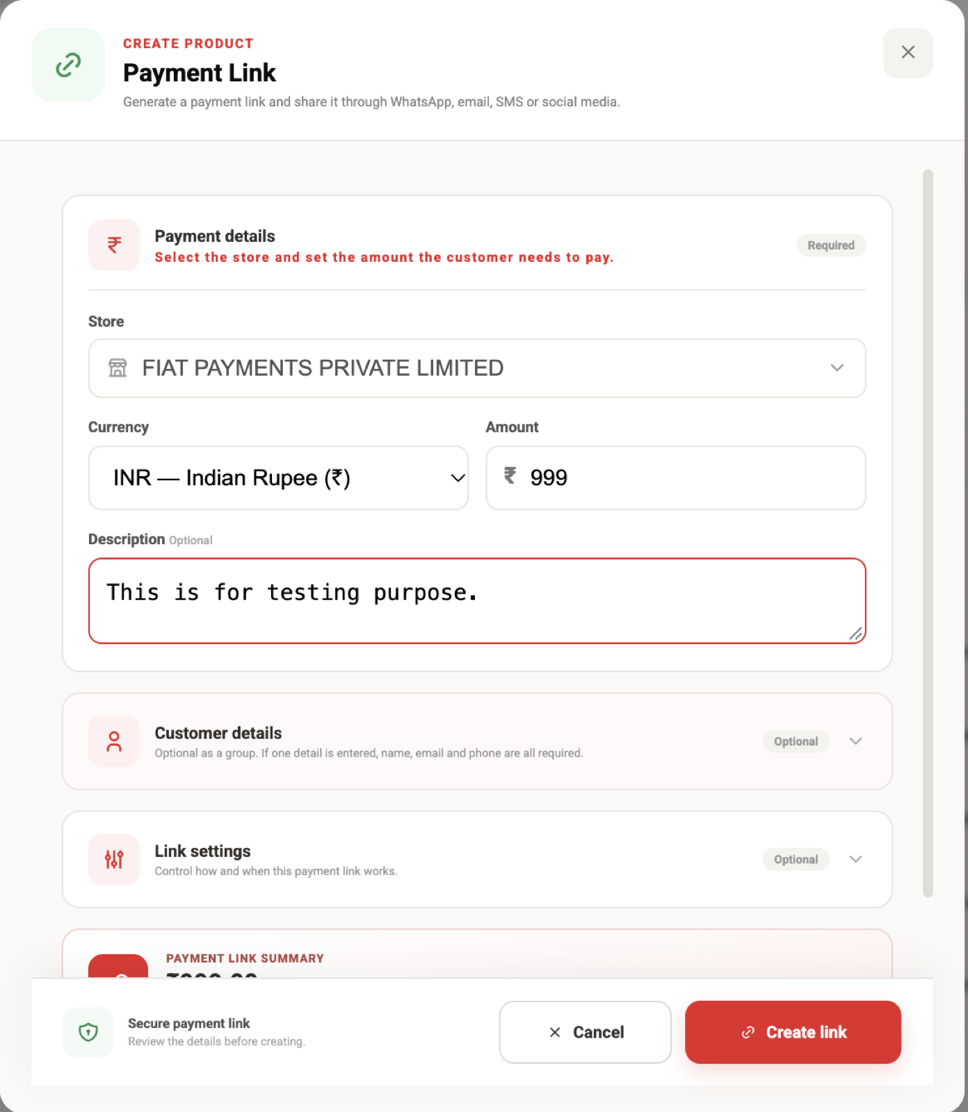 FiatPe Payment Link form with store, INR amount, and payment description completed