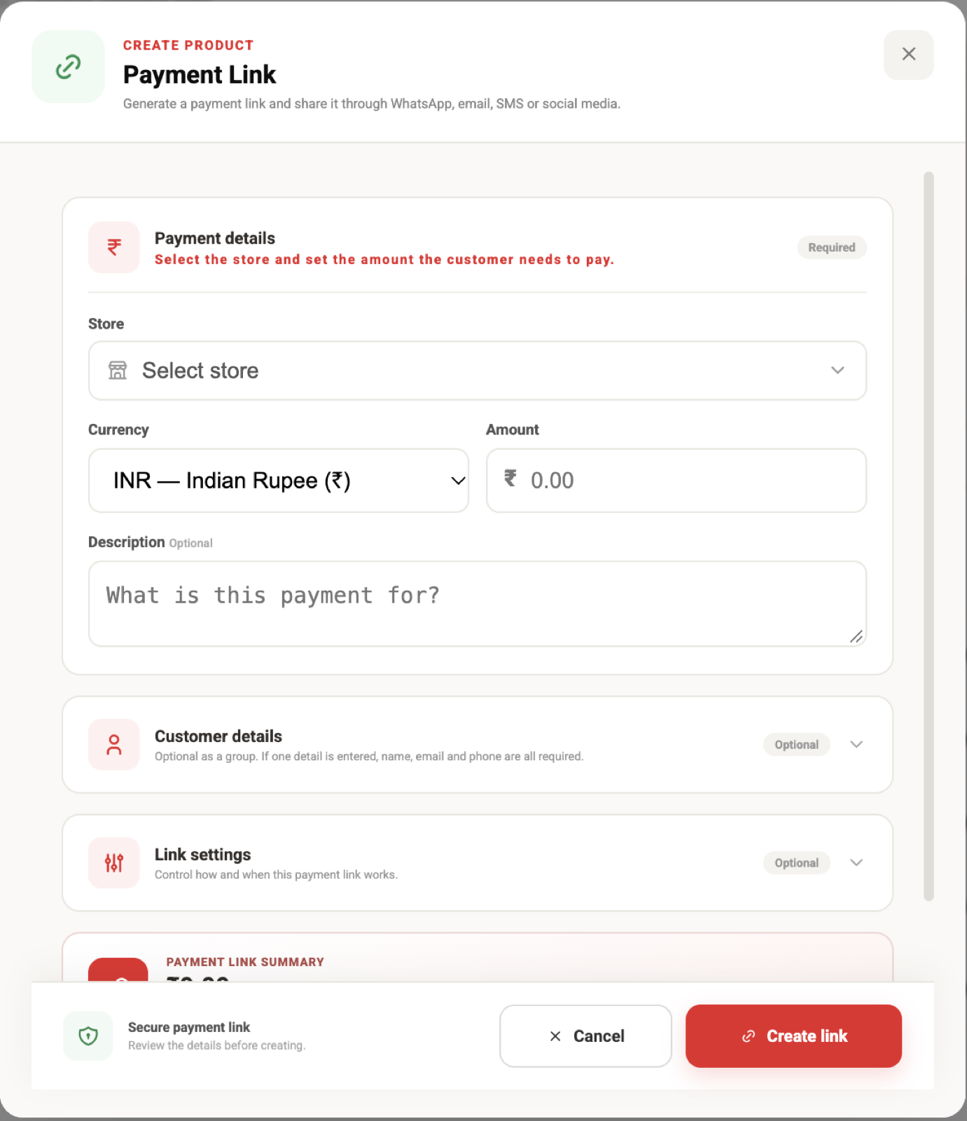 FiatPe Payment Link form with empty store, currency, amount, and description fields